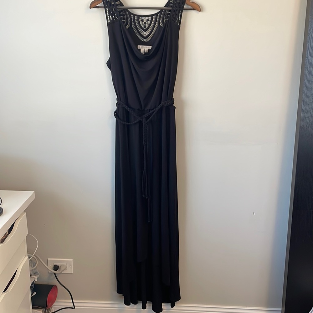 London Times high low tank dress with crochet shoulder detail